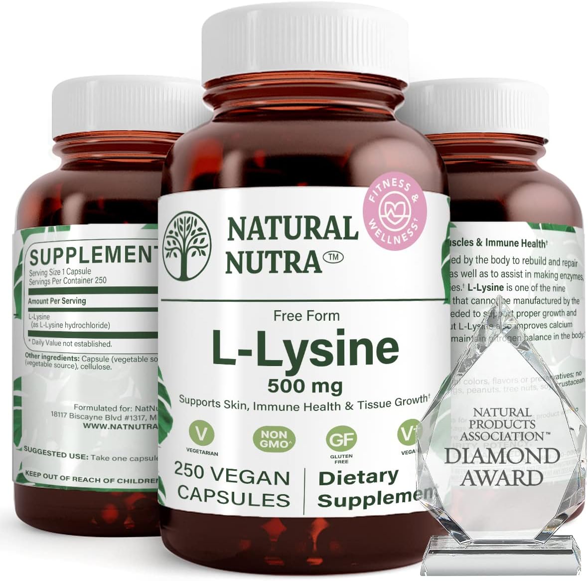 Natural Nutra L Lysine HCl, Promotes Bone Health and Growth, Improve Calcium Absorption, Non-GMO, Vegan, 500 mg, 250 Capsules