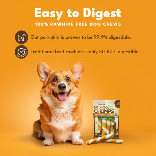 Pork Chomps Baked Pork Skin Dog Chew, 6-Inch Twists, Peanut Butter Wrap, 4 Count