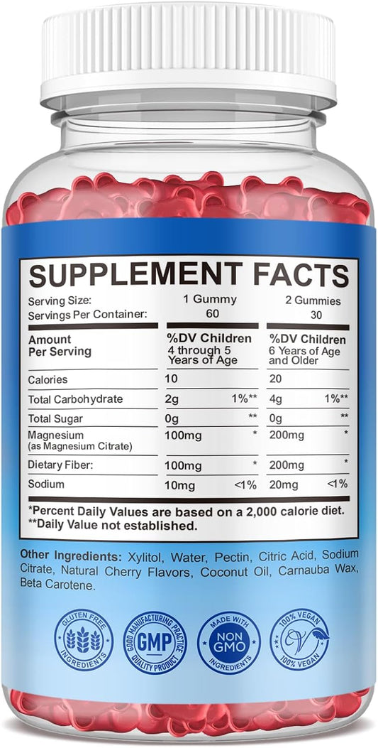 Magnesium Gummies For Kids, Magnesium Citrate Supplement For Adults & Kids, Calm Magnesium Gummies Support Sleep, Bone & Muscle Health, Nerve Relaxation, 60 Cherry Gummies