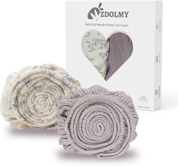 Zdolmy Muslin Crib Sheets For Girl Boy, 2 Pack 100% Cotton Crib Sheet For Standard Crib Mattress(28"X 52"), Fitted And Soft Breathable Crib Mattress Sheet, 360° Wrapping (Blossom & Purple)