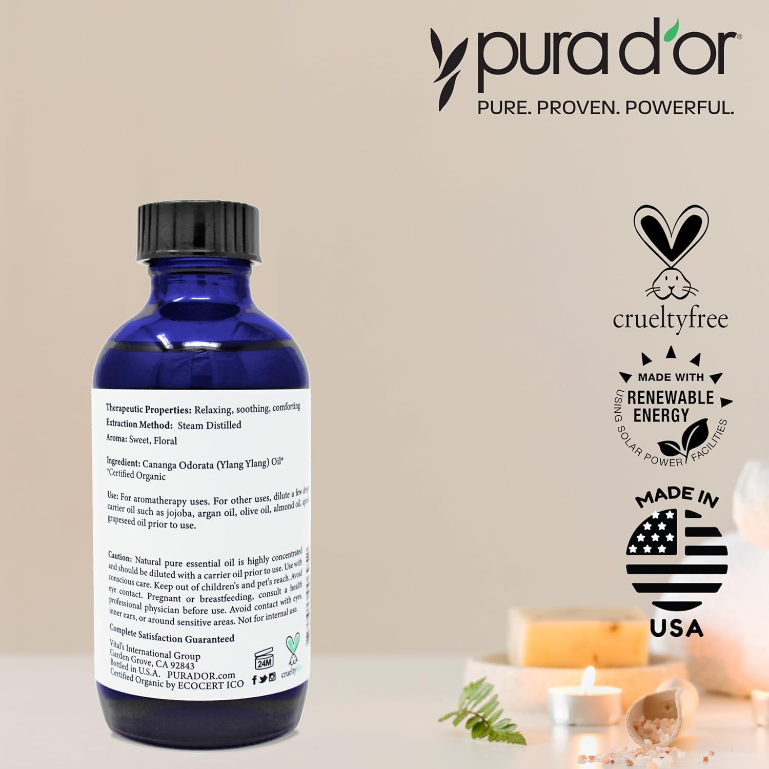 PURA D'OR Organic Ylang Ylang Essential Oil (4oz with Glass Dropper) 100% Pure & Natural Therapeutic Grade for Hair, Body, Skin, Aromatherapy Diffuser, Relaxation, Massage, Mood, Antioxidant Support : Health & Household
