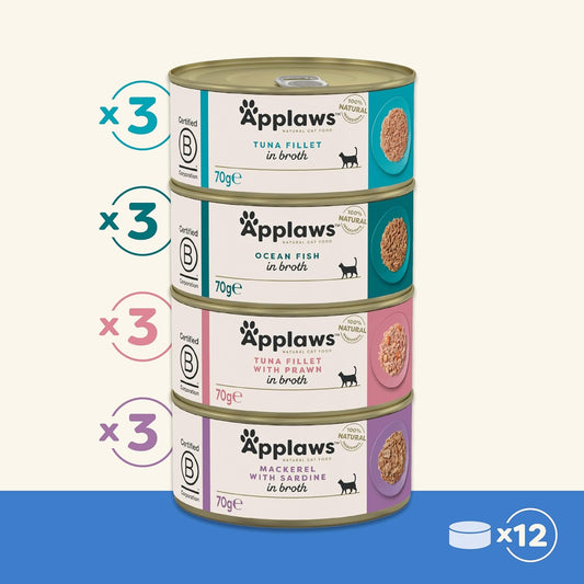 Applaws Natural Wet Cat Food, Multipack Fish Selection in Broth 70 g Tin (Pack of 12)?1018ML-AC