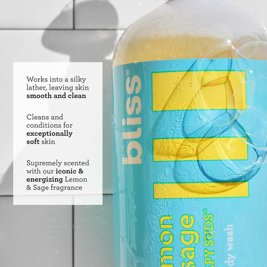 Bliss Soapy Suds Body Wash - Lemon And Sage - 32 Fl Oz - Gentle And Hydrating For Supremely Soft Skin - Paraben Free - Vegan & Cruelty Free