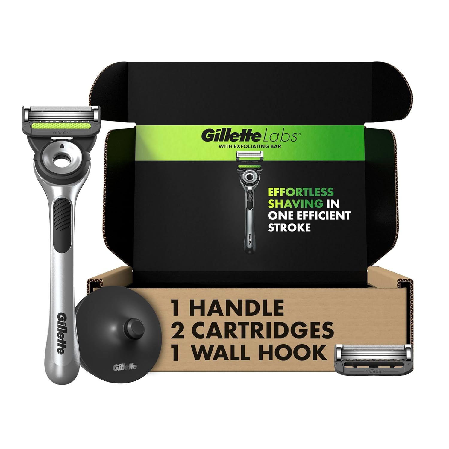 Gillette Labs With Exfoliating Bar By Men'S Razor Set, 1 Shower Hook, Handle, 2 Blade Refills, Silver And Black, Razors For Men, Mens