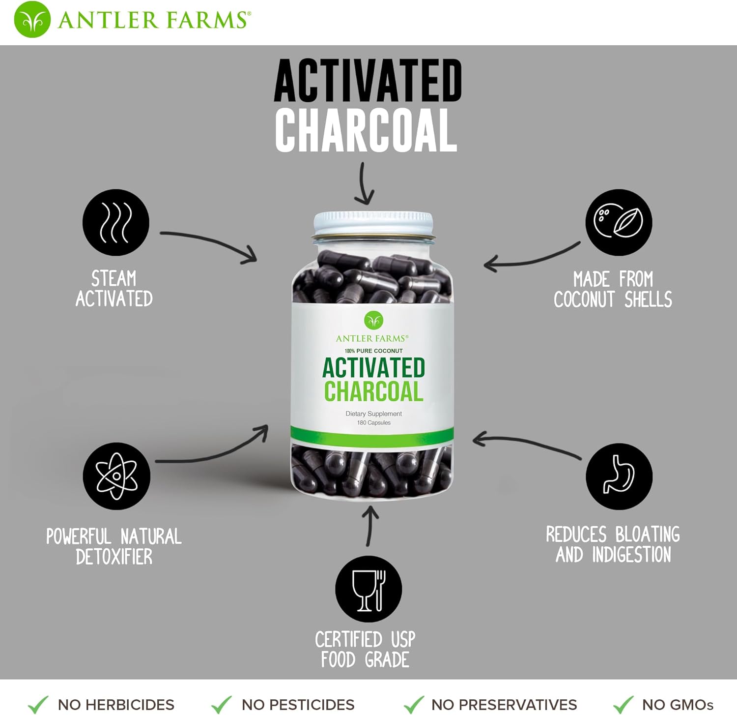 Antler Farms - 100% Pure Coconut Activated Charcoal, 180 Capsules 260Mg - Wild Harvested, Virgin Coconut Shell, Usp Food Grade, Steam Activated, Ultra Fine : Health & Household