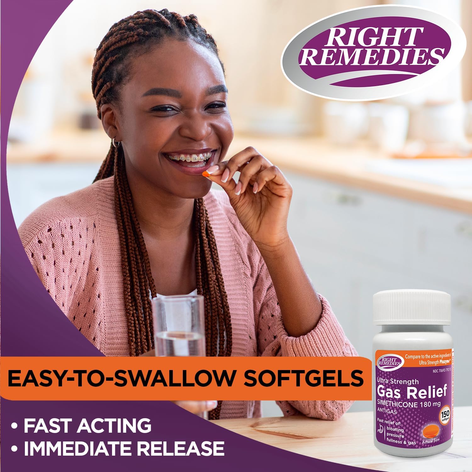 RIGHT REMEDIES Gas Relief Ultra Strength, 180mg Simethicone (150 Softgels) Fast Relief from Gas, Bloating, Fullness, Painful Discomfort, Compare to Ultra Strength Phazyme Active Ingredient : Health & Household