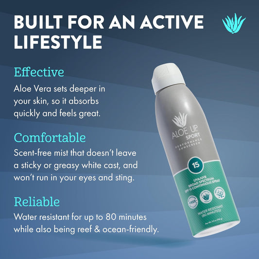 Aloe Up Sport Continuous Spray Sunscreen SPF 15 - Broad Spectrum UVA/UVB Sunscreen Protector for Face and Body - With Aloe Vera Gel - Fast Absorbing Sheer Formula - Reef Safe - Fragrance-Free - 6 Oz
