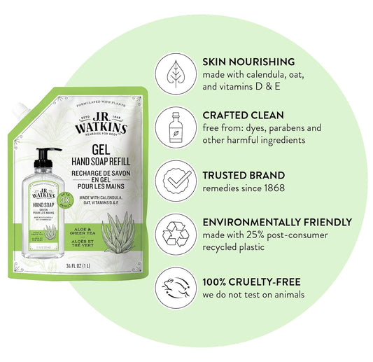 J.R. Watkins Gel Hand Soap Refill, Moisturizing Hand Wash, All Natural, Alcohol-Free, Cruelty-Free, Usa Made, Aloe Green Tea, 34 Fl Oz, 3 Pack