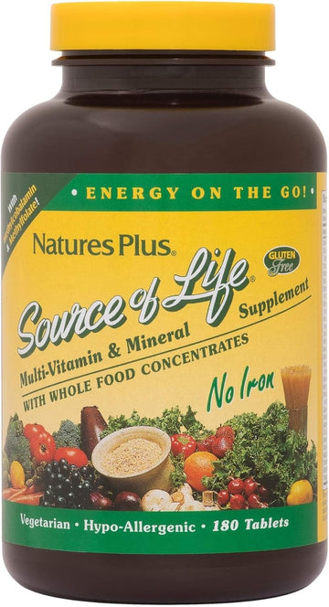 Natures Plus Source Of Life No Iron - 180 Tablets - Multi-Vitamin & Mineral Supplement - Supports Natural Energy & Overall Well-Being - Gluten Free, Vegetarian - 60 Servings