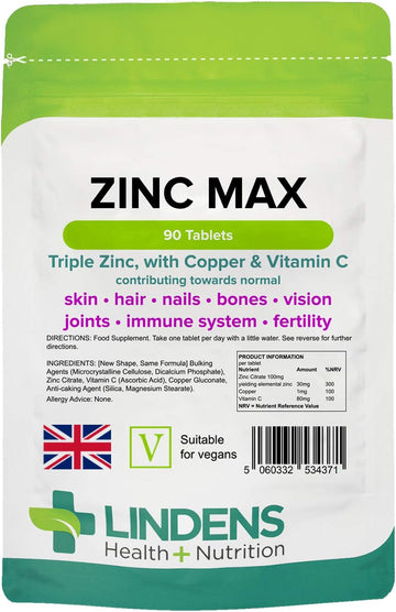 Lindens Zinc Max Tablets - 90 Pack - Provides 300% Nrv Dose, Fortified With Vitamin C & Copper To Contribute Towards Healthy Hair, Skin, Nails, Vision & Hormone Balance - Uk Made, Letterbox Friendly