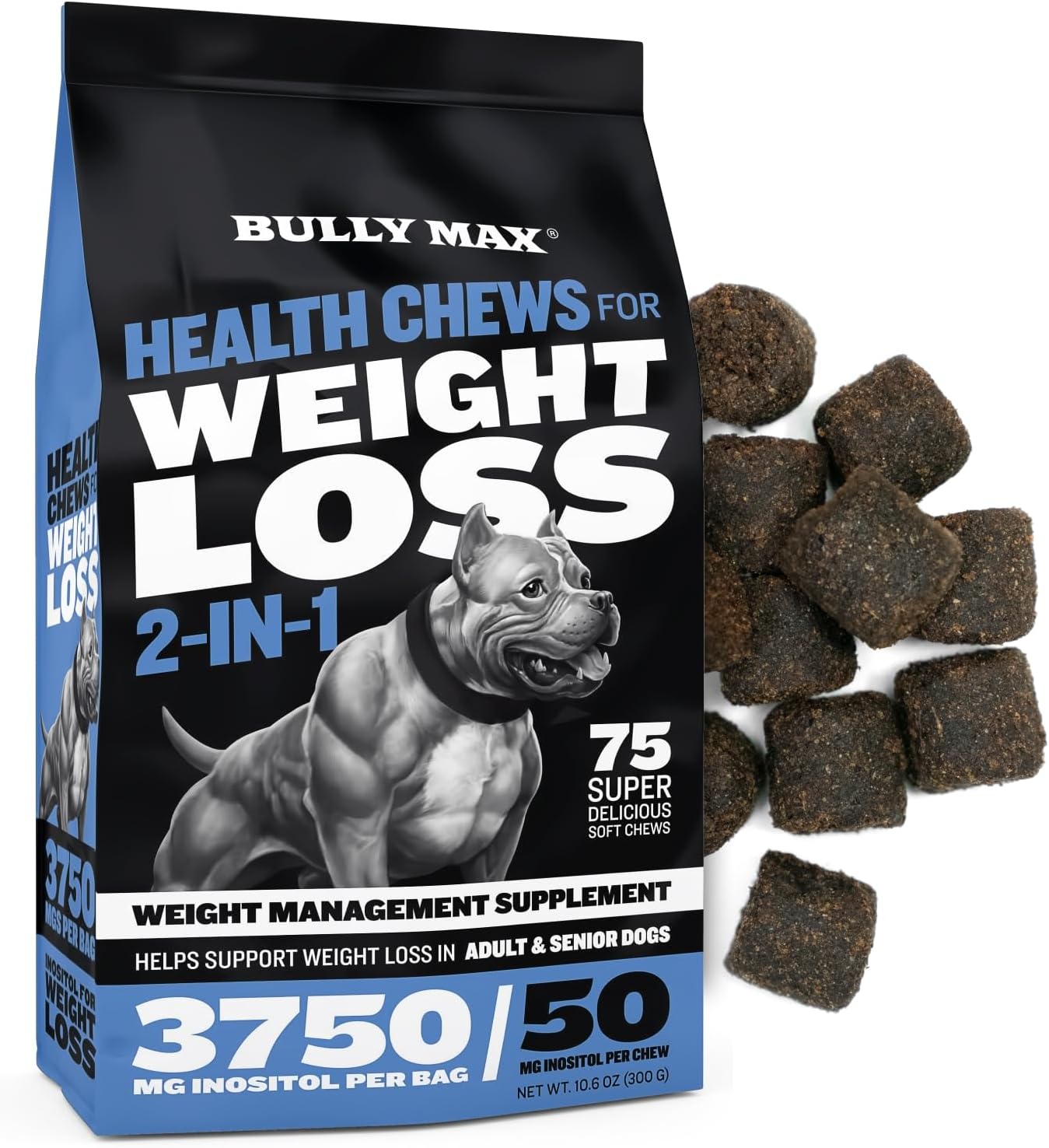 Bully Max 2-In-1 Dog Weight Management Supplement Chews For Adult & Senior Dogs - Dog Food Supplements For Immunity, Joint Health & Weight Control - Dog Treats For Small & Large Breeds - 75 Soft Chews