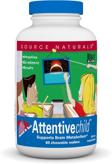 Source Naturals Attentive Child - Healthy Cognitive Nutrients For Active Children - Improved Focus & Attention With Dmae, Magnesium, Zinc & Grape Seed Extract - 60 Chewable Wafers