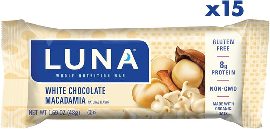 Luna Bar - White Chocolate Macadamia Flavor - Gluten-Free - Non-Gmo - 7-9G Protein - Made With Organic Oats - Low Glycemic - Whole Nutrition Snack Bars - 1.69 Oz. (15 Count)