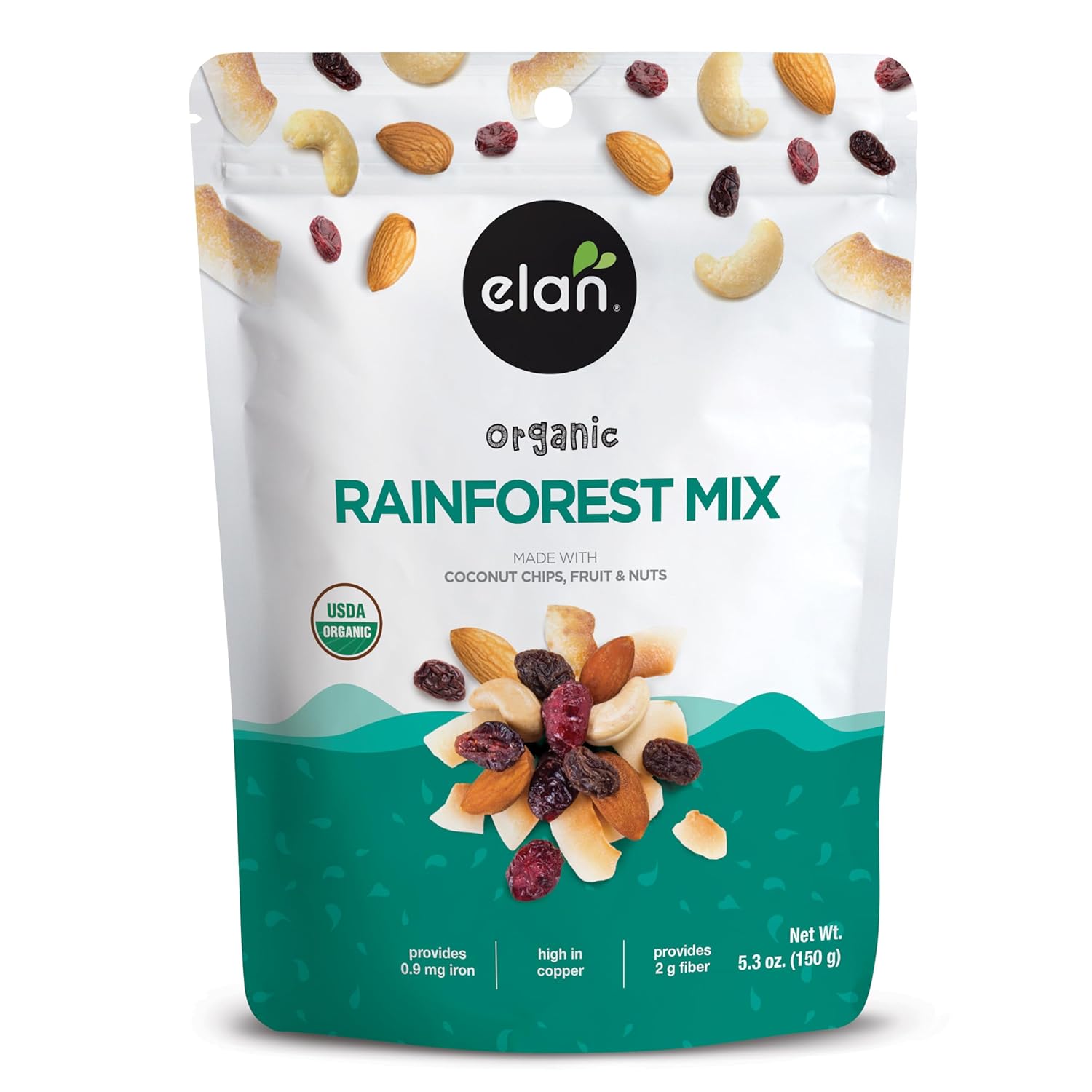 Elan Organic Rainforest Mix, 5.3 oz, Healthy Snacks, Dried Fruits (Raisins, Coconut, Dried Cranberries), Nuts (Roasted Cashews, Roasted Almonds), Non-GMO, Gluten-Free, Vegan, Kosher