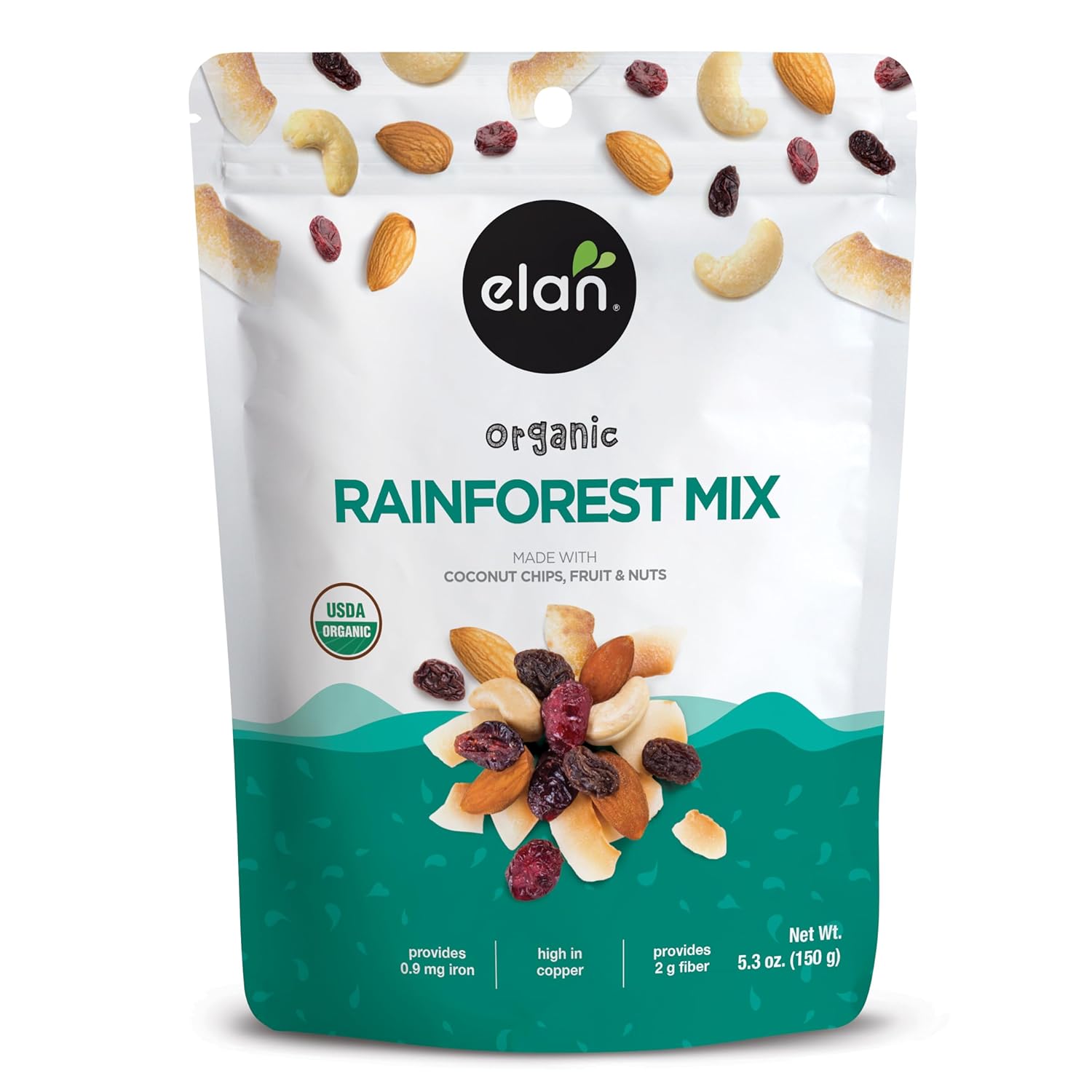 Elan Organic Rainforest Mix, 5.3 Oz, Healthy Snacks, Dried Fruits (Raisins, Coconut, Dried Cranberries), Nuts (Roasted Cashews, Roasted Almonds), Non-Gmo, Gluten-Free, Vegan, Kosher