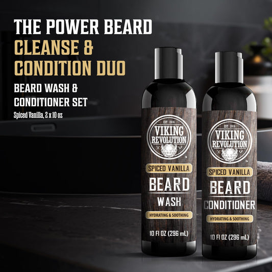 Viking Revolution Beard Wash And Beard Conditioner For Men With Argan Oil And Jojoba Oil - Beard Softener And Strengthener Beard Care Beard Shampoo And Conditioner With Beard Oil (10Oz,Spiced Vanilla)