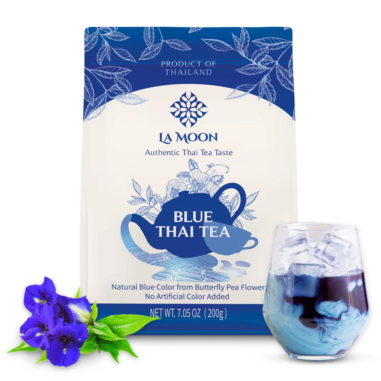 La Moon Tea Blue Thai Tea Mix - Traditional Loose Leaf From Butterfly Pea Flower And Assam Black For Home-Made Iced Tea, Boba & Latte No Food Dye, 7.05 Oz