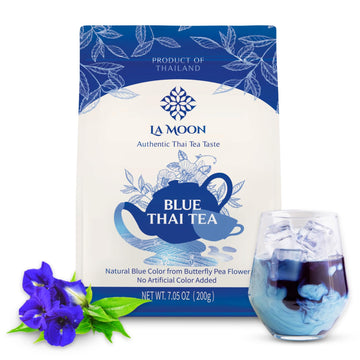 La Moon Tea Blue Thai Tea Mix - Traditional Loose Leaf From Butterfly Pea Flower And Assam Black For Home-Made Iced Tea, Boba & Latte No Food Dye, 7.05 Oz