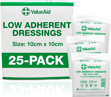 Value Aid Low Adherent Dressing Pads - 10Cm X 10Cm Hypoallergenic Sterile Wound Care, Non-Stick Surface For Gentle Removal - Individually Wrapped Medical Dressings For Cuts & Grazes (25 Pack)