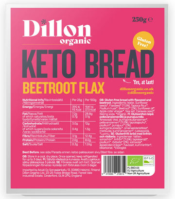 Dillon Organic Beetroot Flax Keto Bread, 6 X 250G Low Carb And Gluten-Free, High Fibre And High Omega 3, A Blend Of Beetroot, Flax, Sunflower Seeds, And Caraway Seeds
