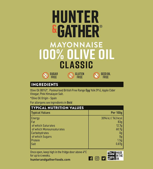 Hunter & Gather Olive Oil Mayonnaise 250G | Seed Oil Free I Made With Olive Oil & British Free Range Egg Yolk | Paleo, Keto, Sugar And Gluten Free Olive Oil Mayo