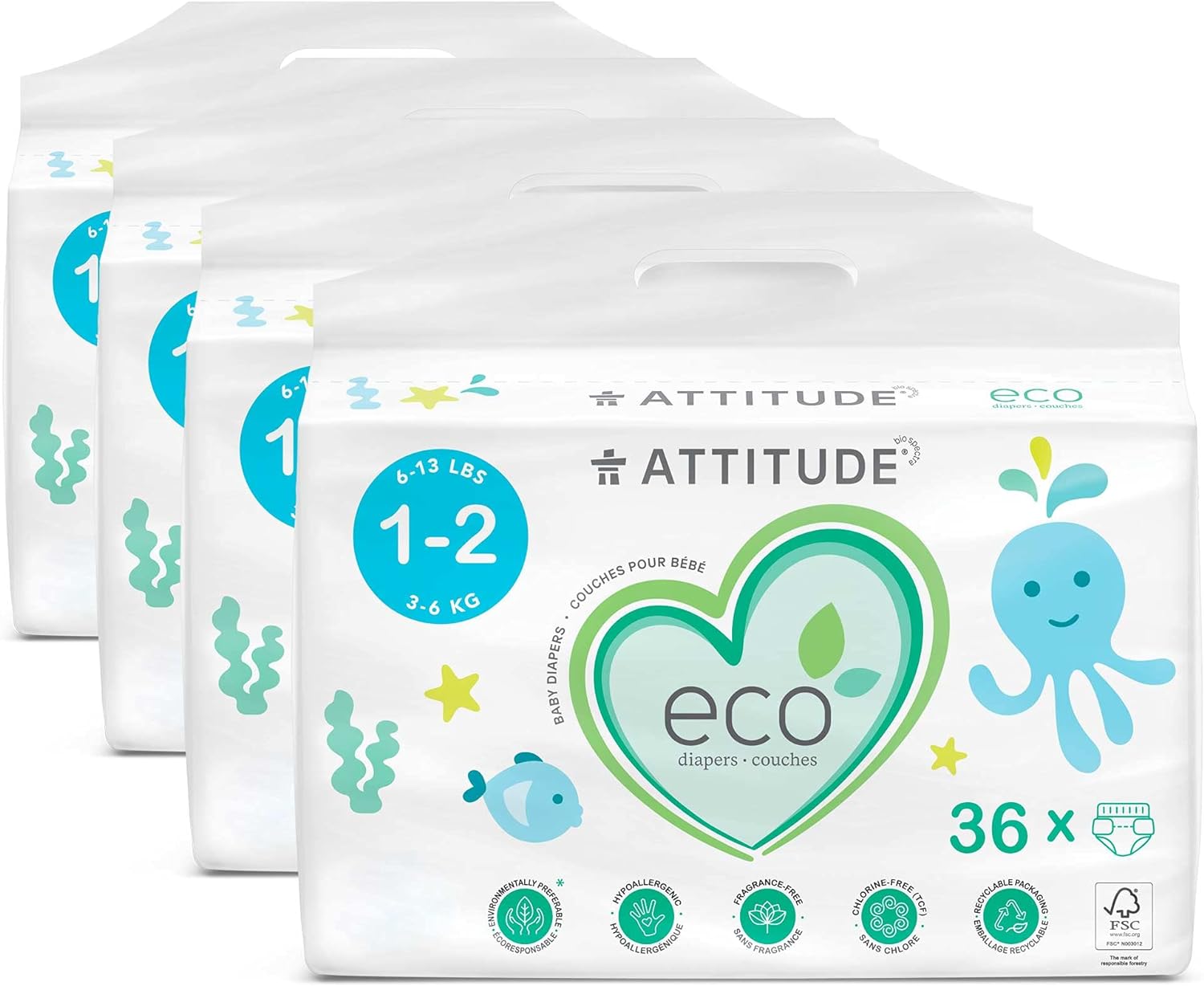 ATTITUDE Biodegradable Baby Diapers NonToxic EcoFriendly Safe for Sensitive Skin ChlorineFree LeakFree Size lbs 4 Packs of 36, Plain White (Unprinted), Fragrance Free, 144 Count