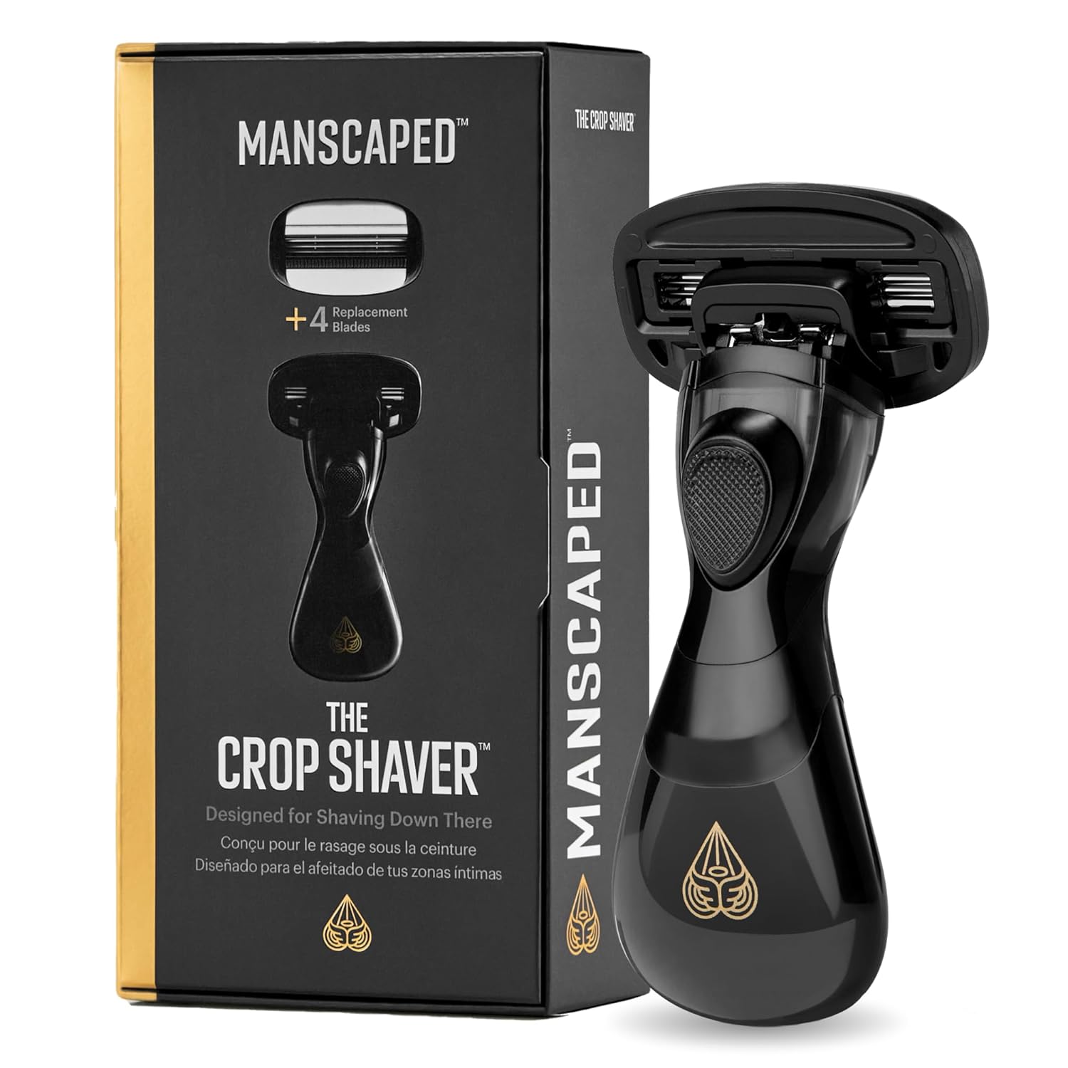 Manscaped® The Crop Shaver® Men'S 3-Blade Stainless Steel Groin Hair Razor With Pivoting Head, Micro Comb Bar, Wide Lubrication Strips - With 4 Replacement Cartridges