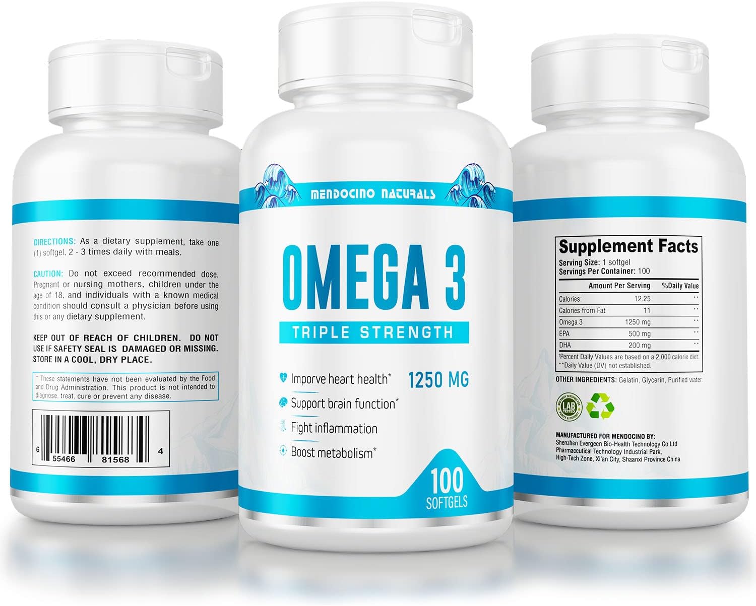 Omega 3 Triple Strength - 1250 mg - Natural Flavor - 100 Softgels, White