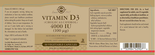 Solgar Vitamin D3 4000 IU (100 µg) Vegetable Capsules - Pack of 60 - Cholecalciferol - Keeps Bones and Teeth Healthy - Supports Muscle Function & Immunity - Vegetarian