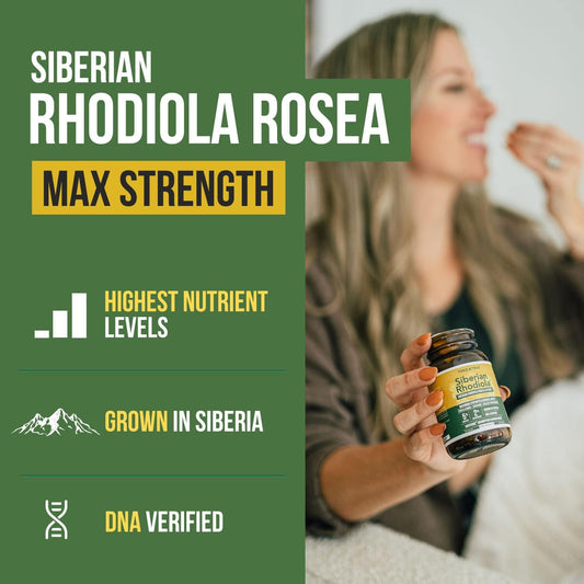 Siberian Rhodiola: Max Strength Rhodiola Rosea - 5% Rosavins, 2% Salidroside - BioPerine Absorption Enhancement, Grown in Siberia, DNA Verified - Reduce Stress, Enhance Energy & Cognition (60 Count)