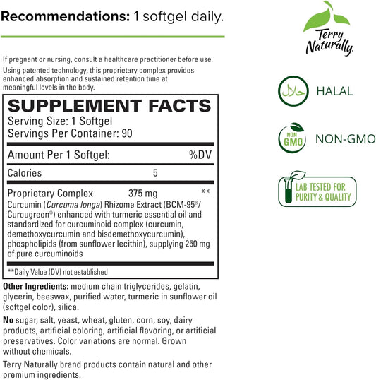 Terry Naturally CuraMed 375 mg - 90 Softgels - Superior Absorption Curcumin - Supports Liver, Brain & Immune Health - Non-GMO, Halal - 90 Servings