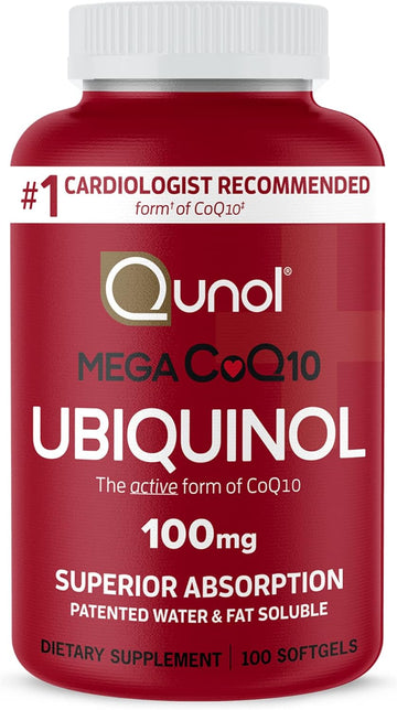 Qunol Mega Ubiquinol 100Mg Coq10, Superior Absorption, Patented Water And Fat Soluble Natural Supplement Form Of Coenzyme Q10, Antioxidant For Heart Health, 100 Count Softgels