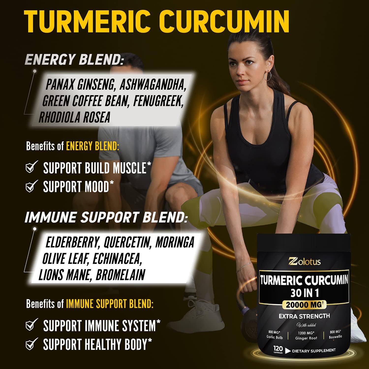 30 in 1 Turmeric Curcumin + Ginger Capsules, 95% Curcuminoids, Equivalent to 20000mg, with Ginger, Ginseng, Bromelain, Moringa, Black Pepper, Joint Inflammatory & Absorption Support : Health & Household