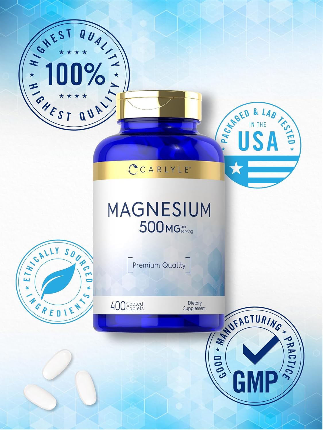 Carlyle Magnesium 500mg | 400 Coated Caplets | Vegetarian, Non-GMO, and Gluten Free Supplement : Health & Household