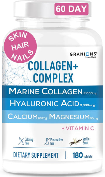 Marine Collagen Pills – 2000Mg Hydrolyzed Marine Collagen Peptides, Hyaluronic Acid, Vitamin C, Calcium, Magnesium – Skin, Hair, Nails, Pro Aging Hyaluronic Acid Supplements – 180 Tablets