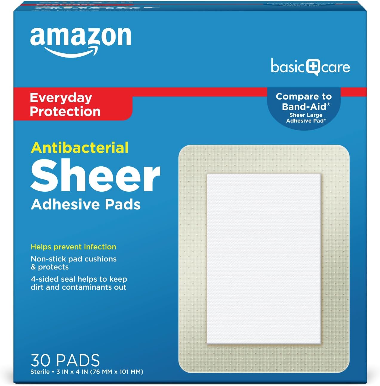 Amazon Basic Care Antibacterial Sheer Adhesive Pad Bandages, Extra Large Comfortable Non-Stick Pad, Helps Prevent Infection, First Aid & Wound Care Protection, All Skin Types, 30 Count (3X4 Inches)