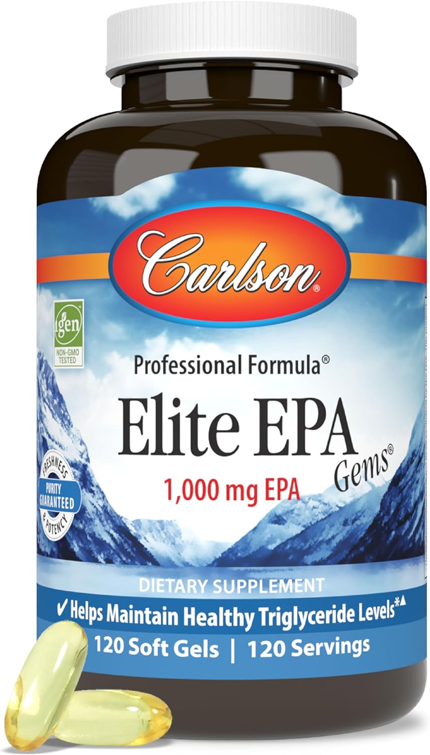 Carlson - Elite EPA Gems, 1000 mg EPA Fish Oil, Wild-Caught, Norwegian Fish Oil, Sustainably Sourced, Helps Maintain Healthy Triglyceride Levels, 120 Softgels