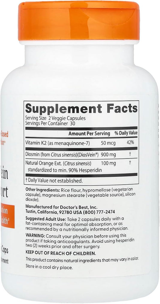 Doctors Best Vein Support, Supports Circulation & Arterial Health, Non-Gmo, Gluten Free, Soy Free, Vegan 60 Veggie Caps