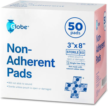 Globe Advanced Sterile Non-Adherent Pads| 50-Pack, 3” X 8”| Non-Adhesive Wound Dressing| Highly Absorbent & Non-Stick, Painless Removal-Switch| Individually Wrapped For Extra Protection (3 X 8)