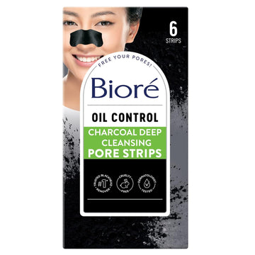 Biore Charcoal Blackhead Remover Pore Strips, Deep Cleansing Nose Strips For Removal And Unclogging, 3X Less Oil, 6 Count