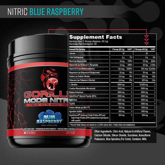 Gorilla Mode Nitric Upgraded Stimulant Free Pre-Workout – Best Tasting And Most Effective Stimulant Free Pre-Workout/Massive Pumps · Vasodilation · Power / 804 Grams (Blue Raspberry)