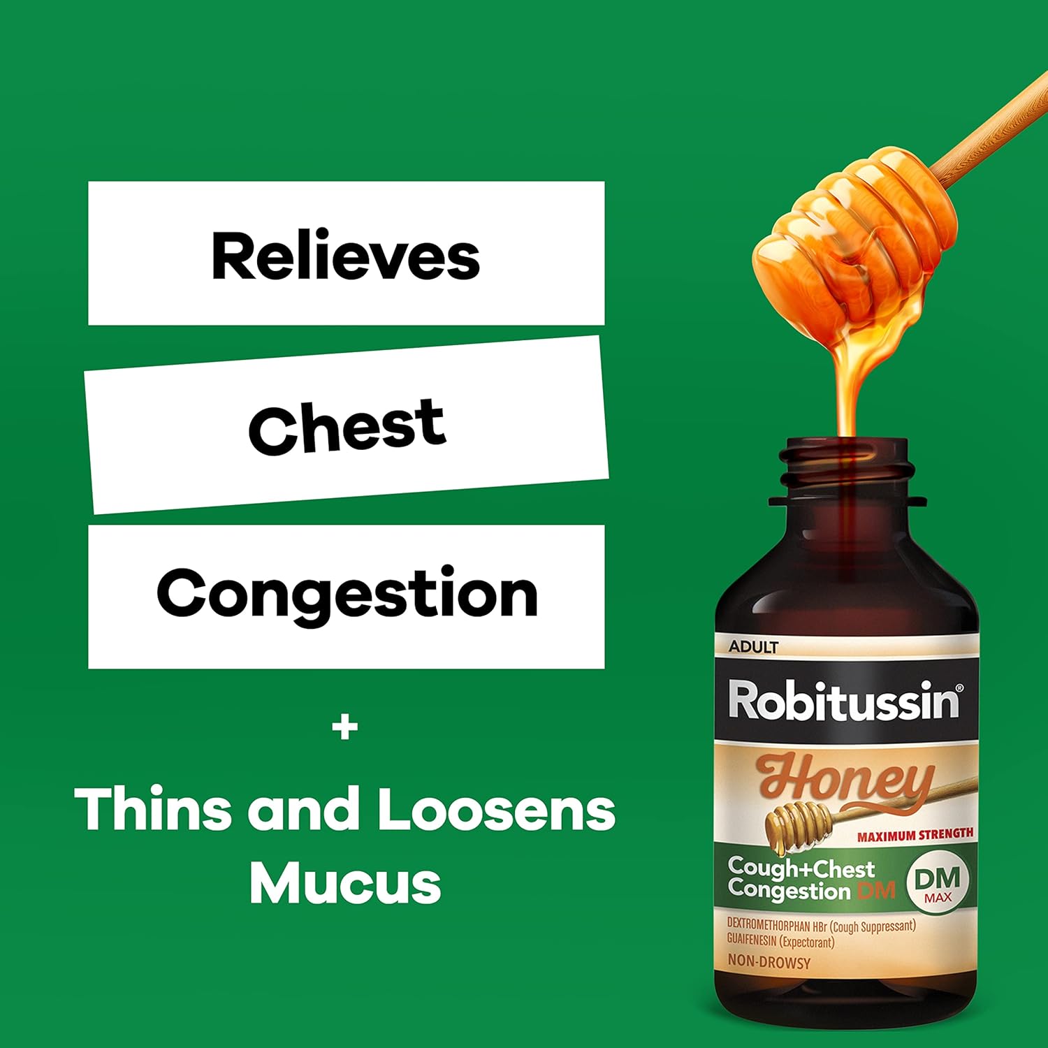 Robitussin Maximum Strength Honey Cough Plus Chest Congestion Dm, Cough Medicine For Cough And Chest Congestion Relief Made With Real Honey For Flavor - 8 Fl Oz X 2 : Health & Household