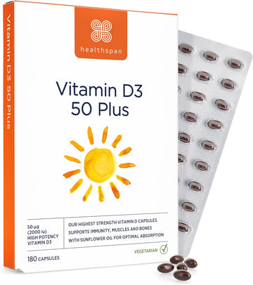 Healthspan Vitamin D3 50 Plus (180 Capsules) | Ideal For Anyone Over 50 | Super Strength | Immune Health | Bone, Teeth & Muscle Health | Contains 2,000Iu Of Natural Vitamin D3 Per Tablet | Vegetarian
