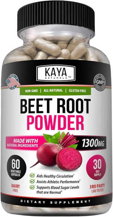 Kaya Naturals Premium Organic Beet Root Powder | Beet Root Extract, Athletic Performance Aids Healthy Circulation & Nitric Oxide Booster, Non-Gmo & Gluten-Free, 1300Mg Per Serving - 60 Veggie Capsules