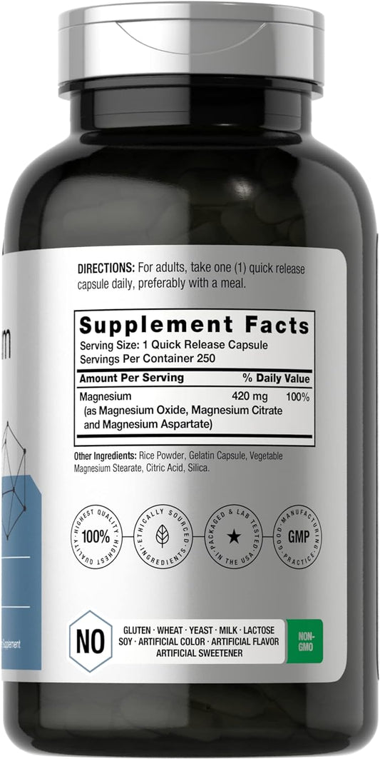 Horbäach Triple Magnesium Complex | 420 mg | 250 Capsules | Non-GMO and Gluten Free Formula | Magnesium Oxide, Citrate, and Aspartate Dietary Supplement