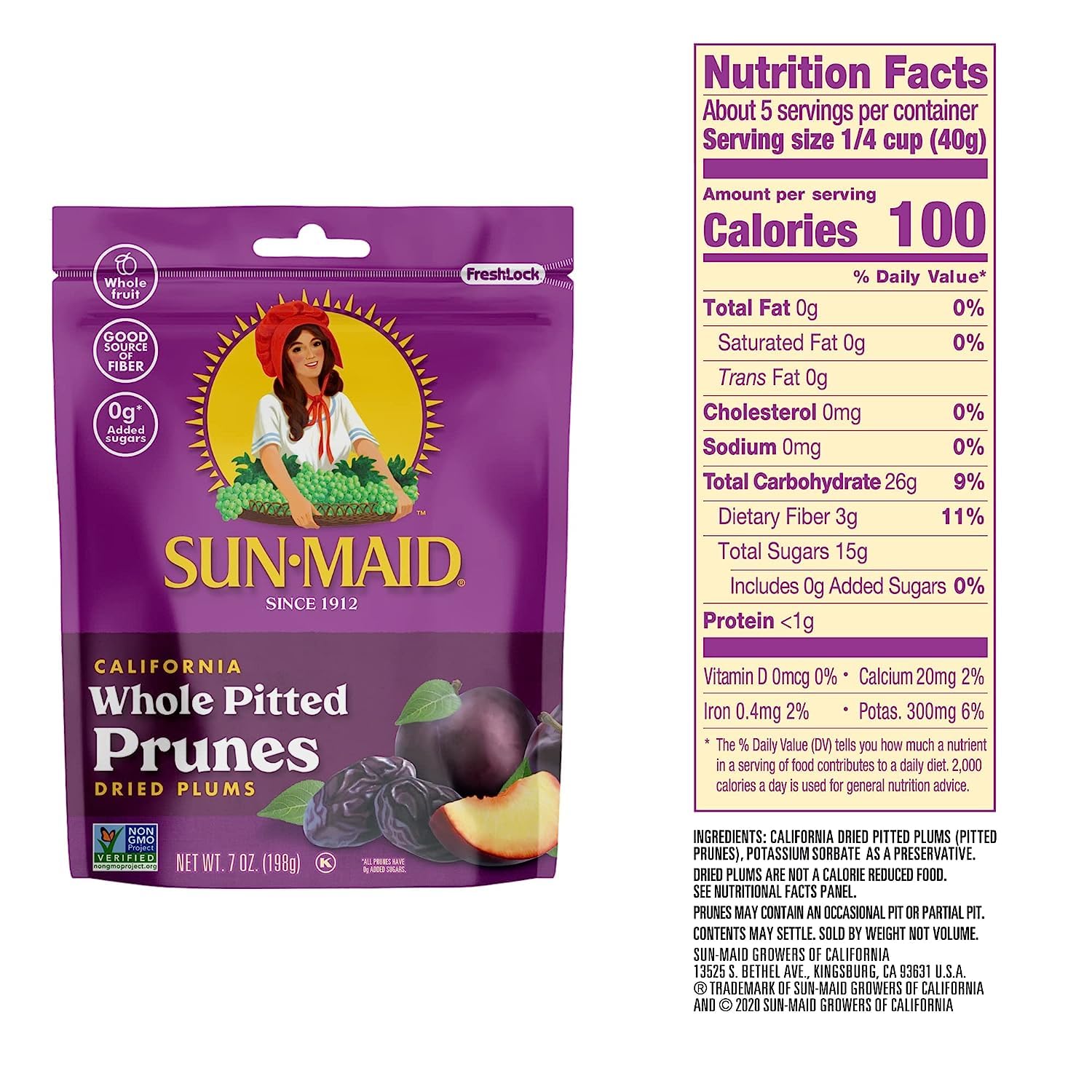 Sun-Maid California Sun-Dried Whole Pitted Prunes - (4 Pack) 7 oz Resealable Bag - Dried Plums - Dried Fruit Snack for Lunches, Snacks, and Natural Sweeteners : Grocery & Gourmet Food