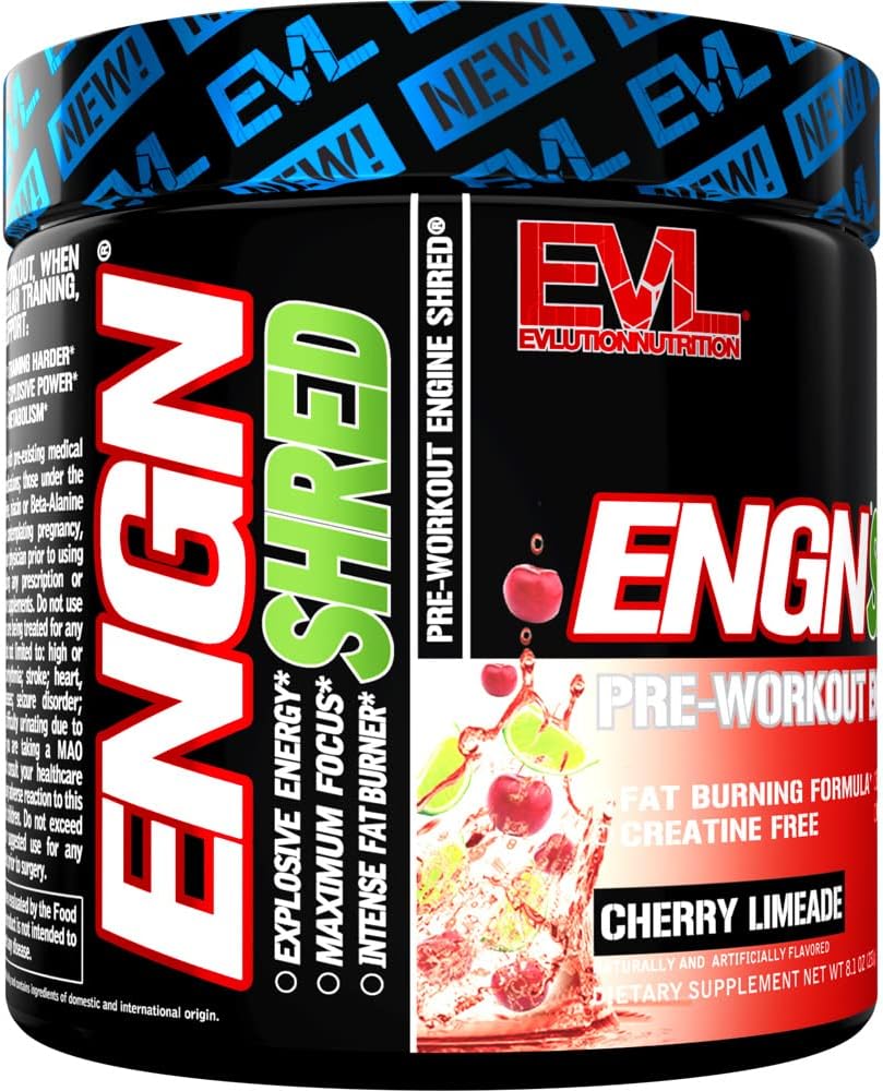 EVL Ultimate Pre Workout Powder - Thermogenic Fat Burner Preworkout Powder Drink for Lasting Energy Focus and Stamina - ENGN Shred Intense Fat Burning Creatine Free Preworkout Drink - Cherry Limeade : Health & Household