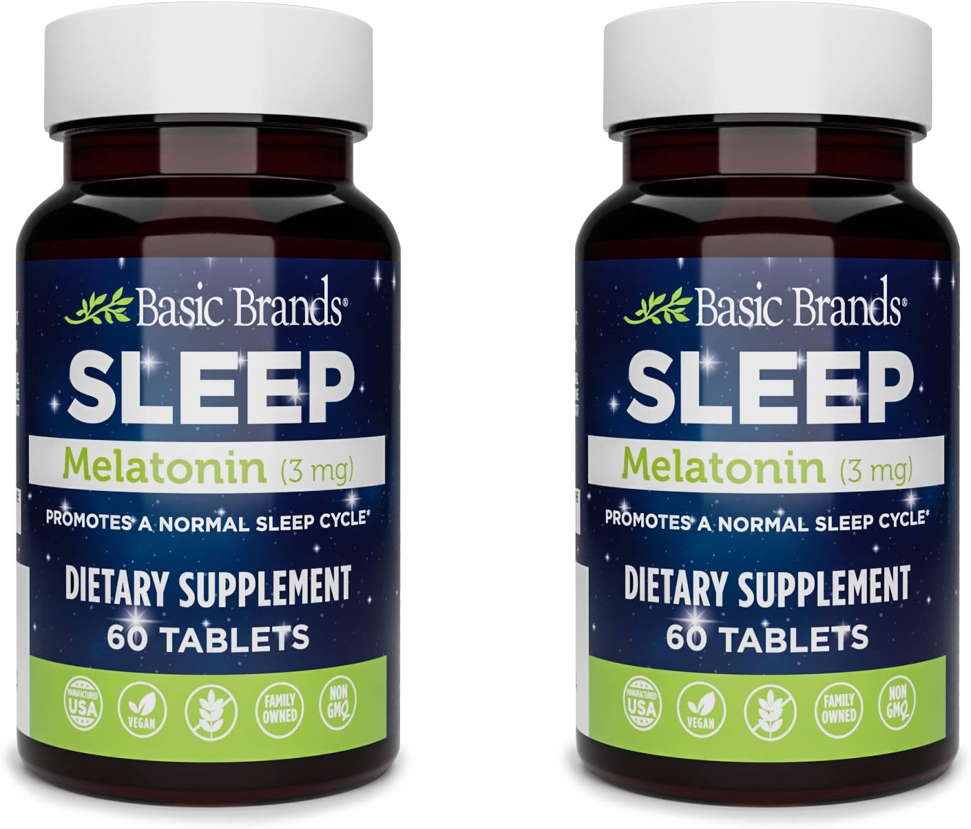 Basic Brands Sleep Melatonin, 3mg, Natural Sleep Support (Pack of 2)