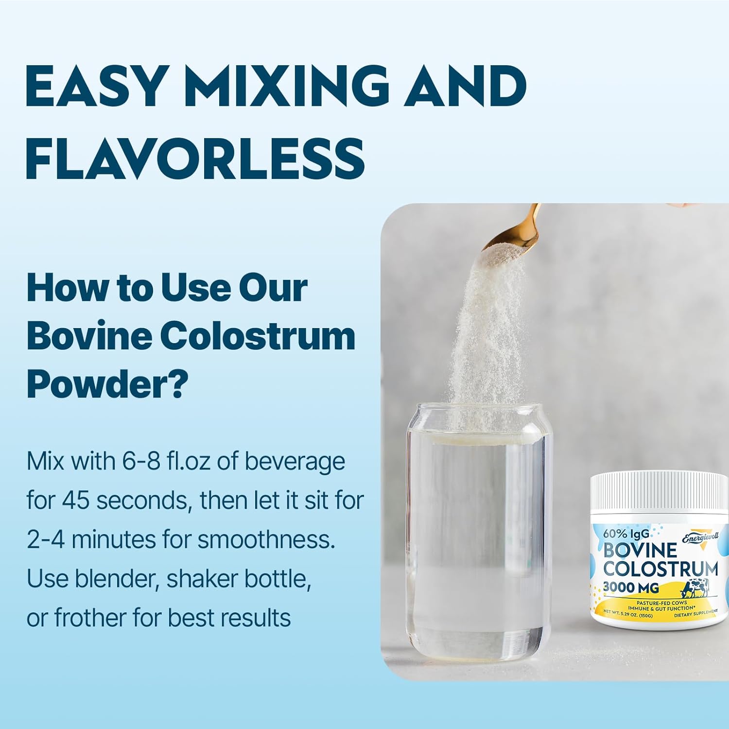 Energievoll Bovine Colostrum Supplement Powder - 60% IgG 3000 mg for Gut, Hair Growth, Beauty, and Immune, Easy to Mix, Unflavored (50 Servings) : Health & Household