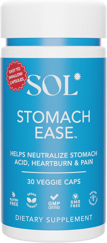 Stomach Ease Supplement With Turmeric - Neutralizes Stomach Acid, Aids Digestion, Eases Heartburn - Optimal Digestive Stomach Ache Relief, 30 Easy To Swallow Capsules, Sol Nutrition